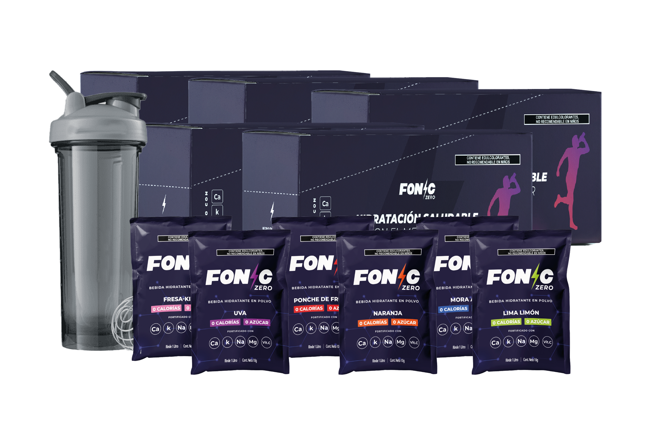 Shaker + Pack de 50 pzas Fonic Zero Azucar 10g para 1 litro